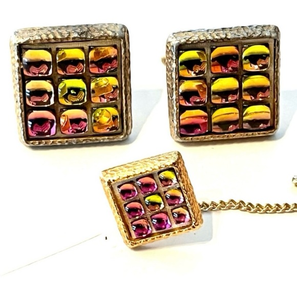Vintage 60s Glass Dichroic Cuff Link Set - Picture 3 of 8